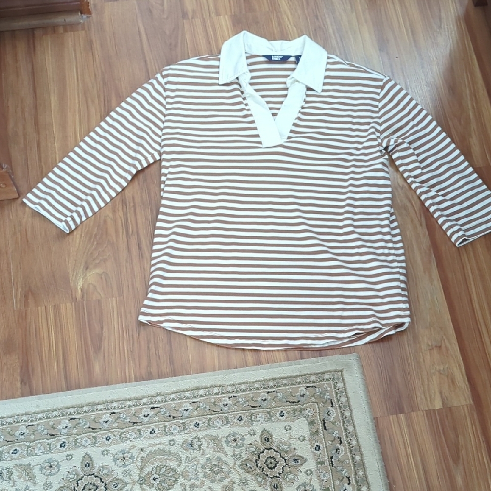 Lands' End Striped Polo Tunic in White & Brown
